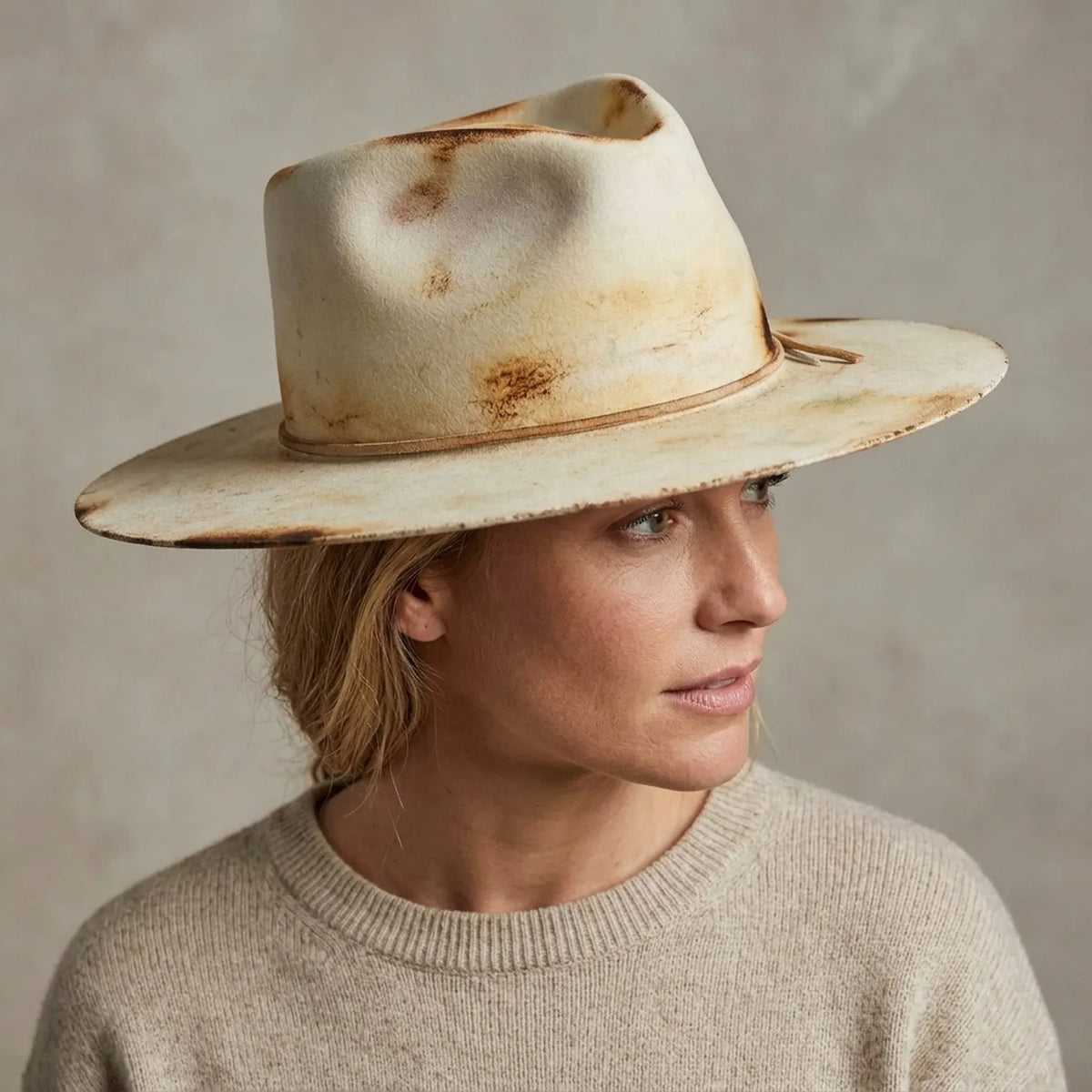 Bone Felt Fedora with Brown Leather Band and Feather