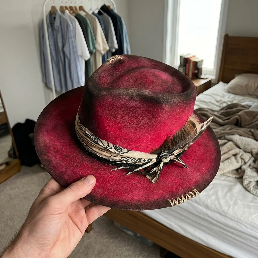 Crimson Felt Western Hat with Bandana Band and Feathers