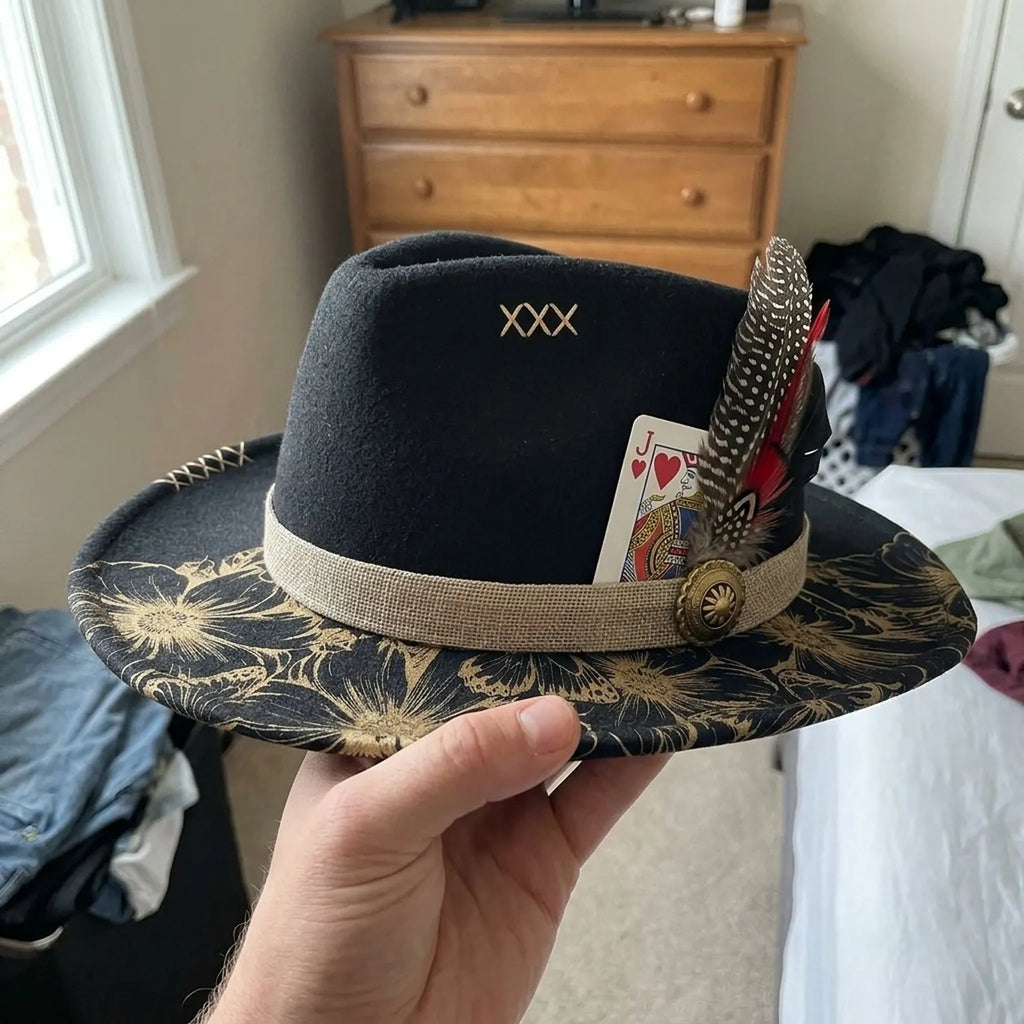 Glam Black Fedora with Gold Floral Brim and Playing Card