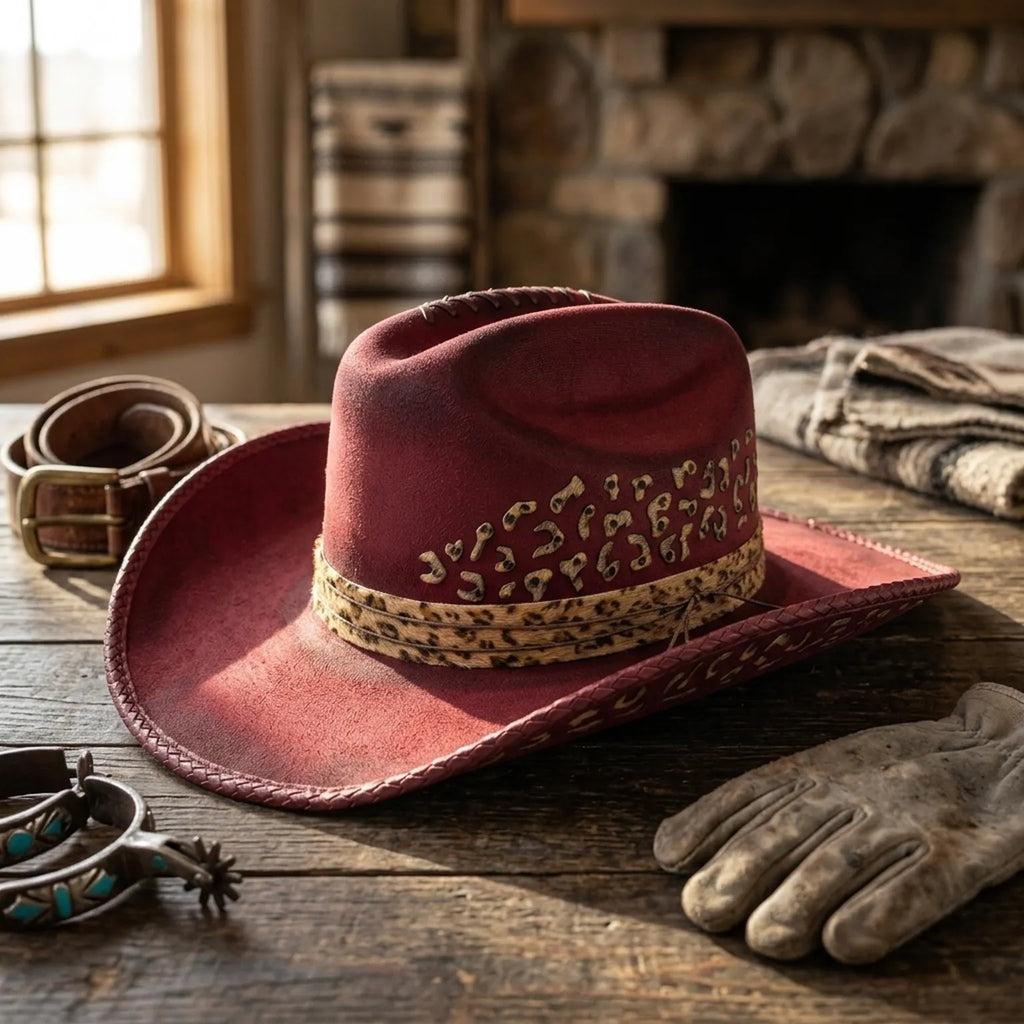 Burgundy Leopard Print Western Hat with Braided Brim Edge