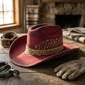Burgundy Leopard Print Western Hat with Braided Brim Edge