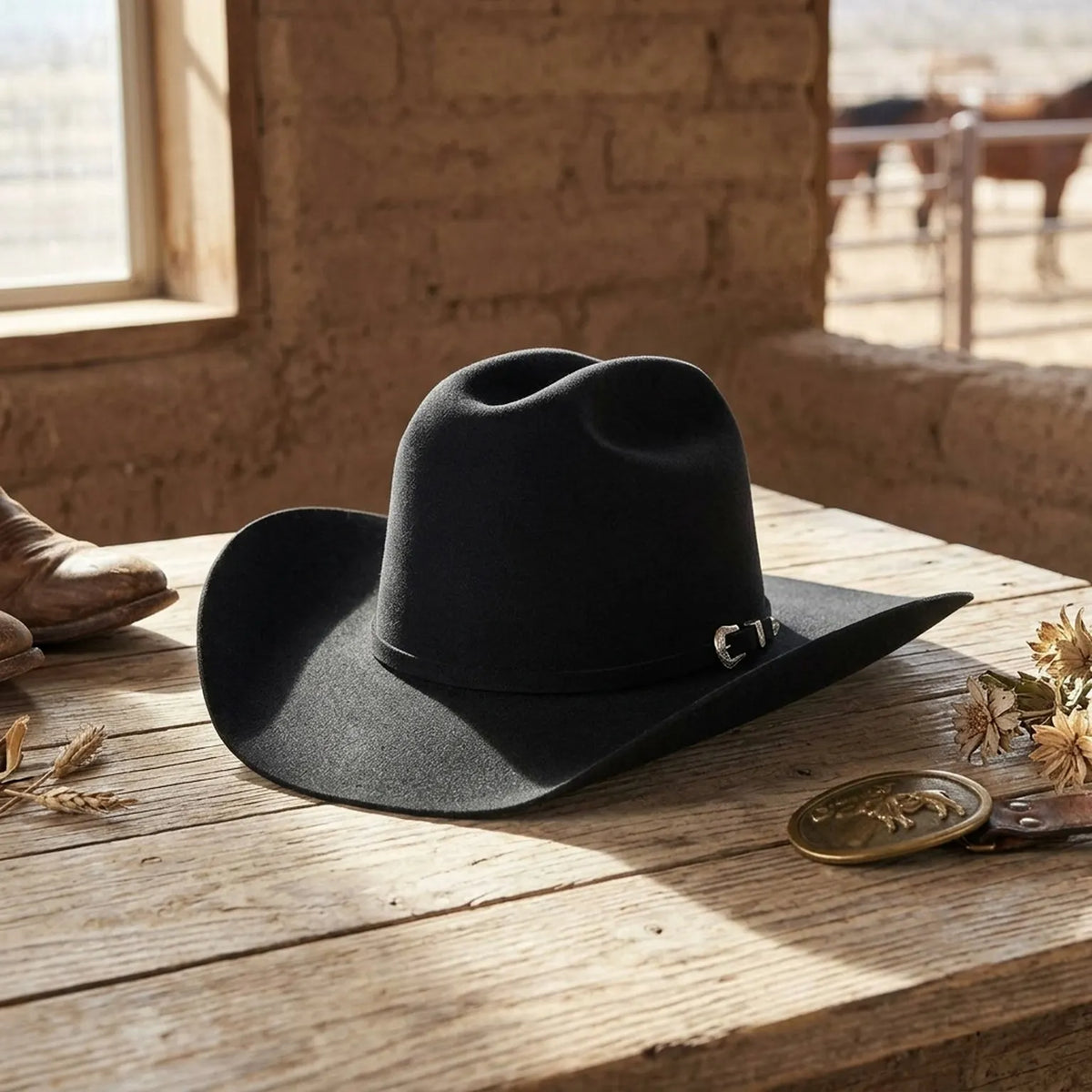 Unisex Black Wool Felt Cowboy Hat with Classic Band