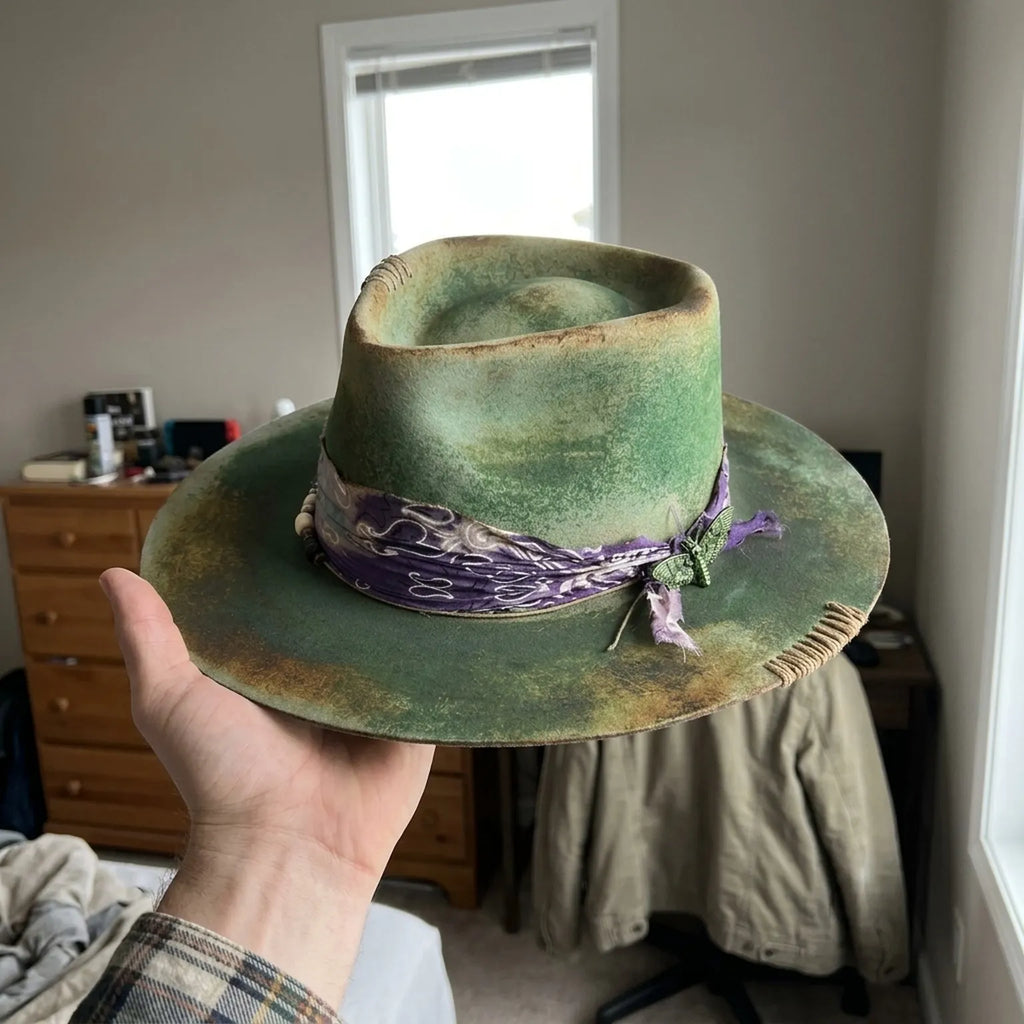 Moss Green Distressed Hat with Purple Patterned Band and Butterfly Pin