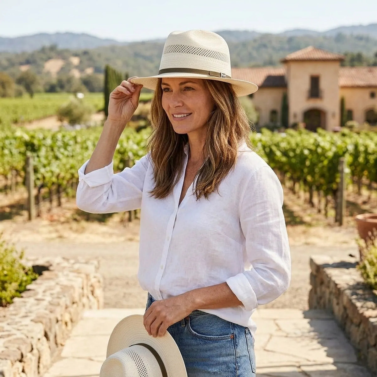 Ivory Open-Crown Straw Fedora with Grosgrain Ribbon Tie