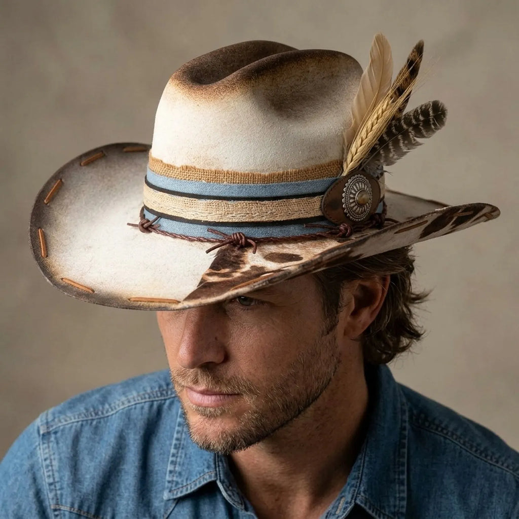 Cream Cow-Print Western Hat with Wheat Stalk and Concho