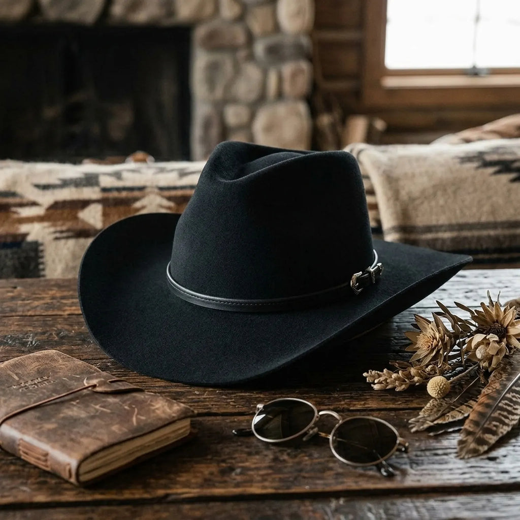 Black Felt Cowboy Hat with Leather Band - Western Style