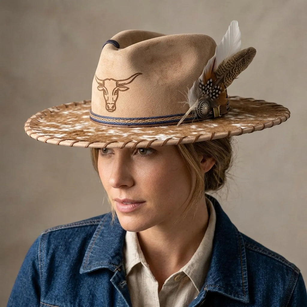 Tan Faux Suede Cowboy Hat with Cow Print Brim and Feather Trim