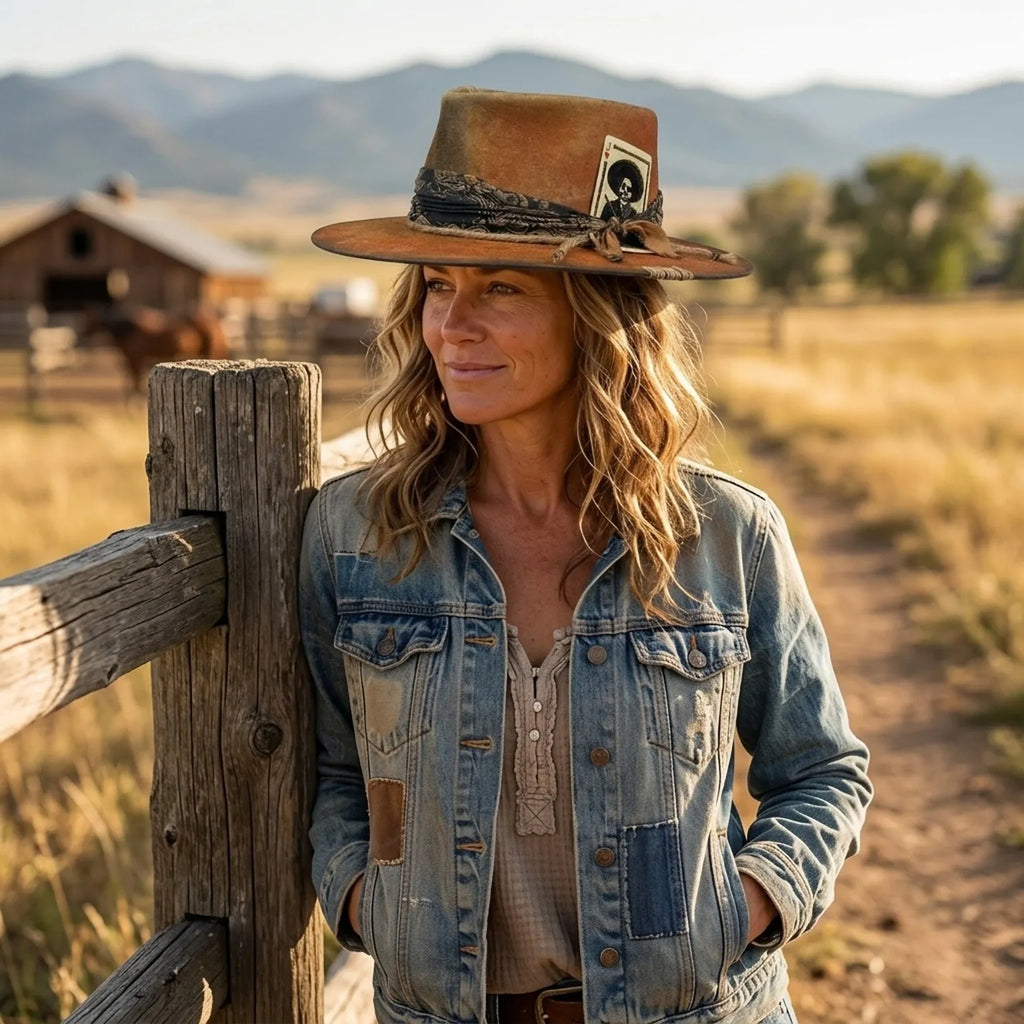 Rust Orange Western Hat with Skull Card and Bandana Band