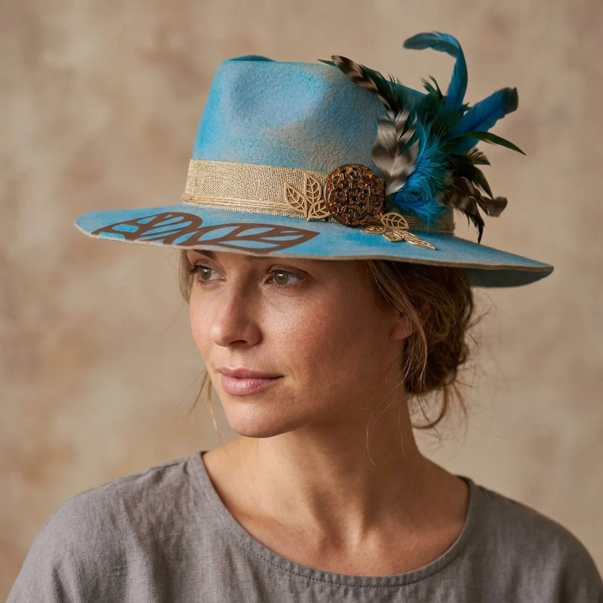 Turquoise Felt Fedora With Bronze Filigree And Blue Feathers