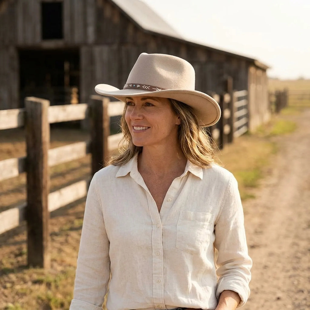 Unisex Beige Western Hat with Stitched Leather Band