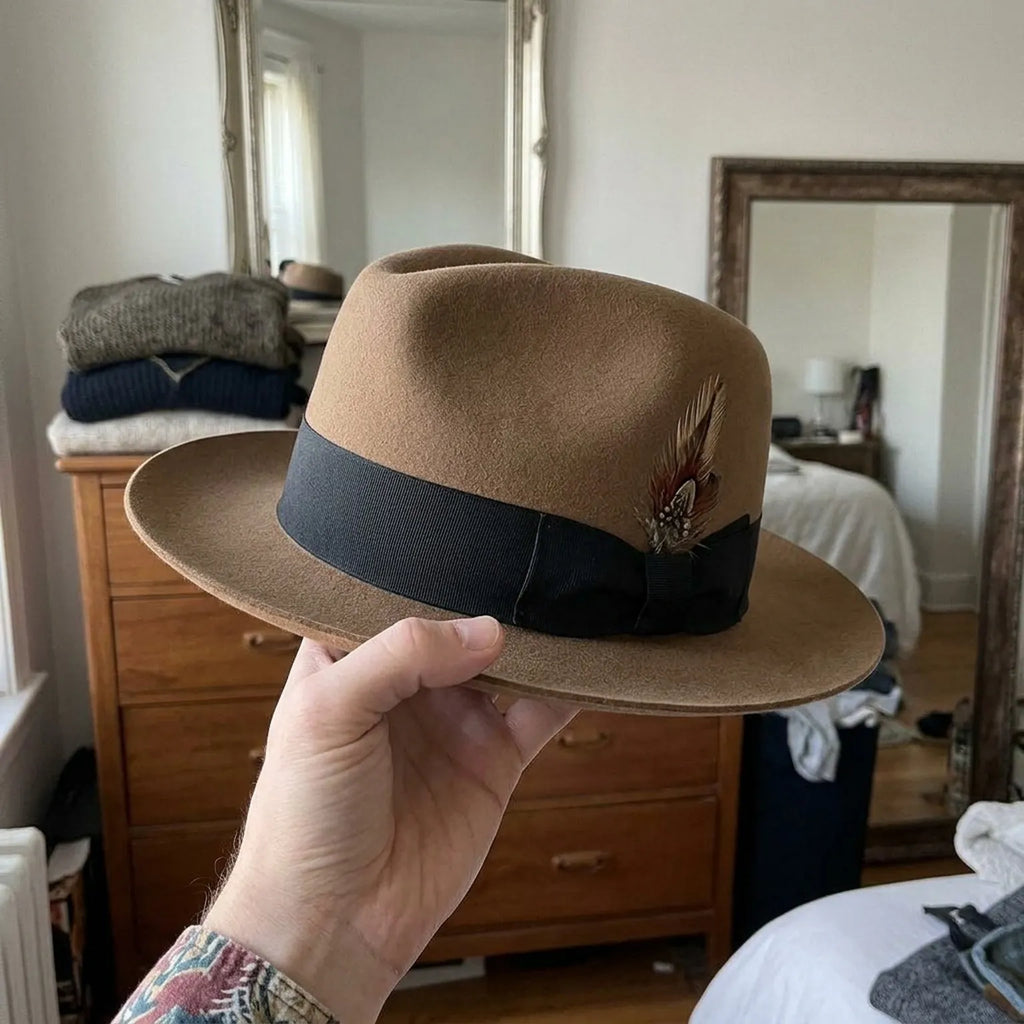 Camel Felt Fedora Hat with Black Grosgrain Band and Pinch Crown