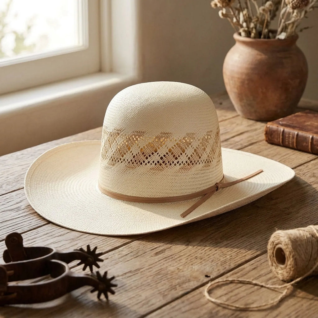 Cream Straw Sun Hat with Vented Diamond Crown and Leather Band