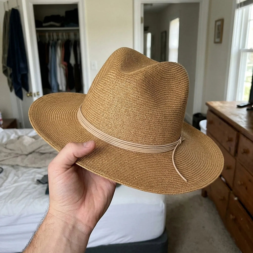 Tan Straw Fedora with Leather Cord Band for Summer Festival Style