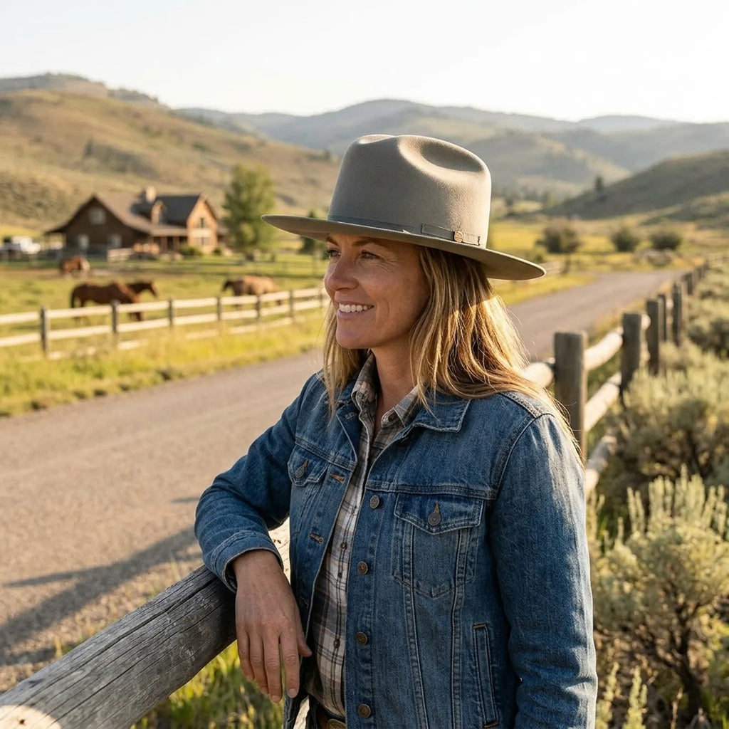 Light Gray Wide Brim Felt Hat with Ribbon Buckle Detail
