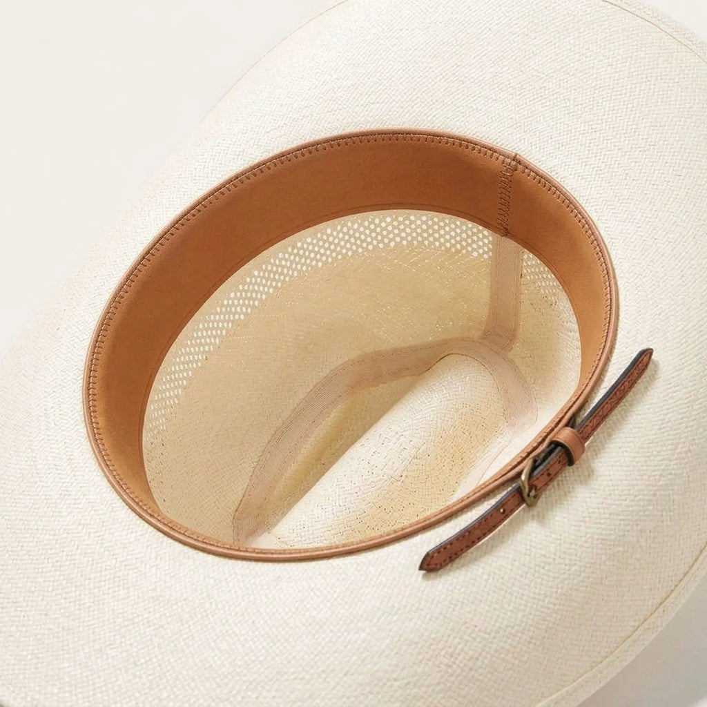 Cream Straw Western Fedora with Decorative Cross-Stitch Band