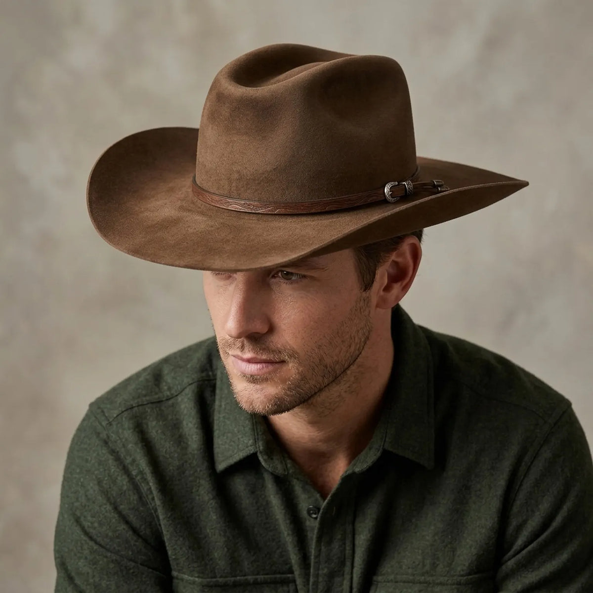 Classic Brown Felt Cowboy Hat Tooled Leather Band Knot