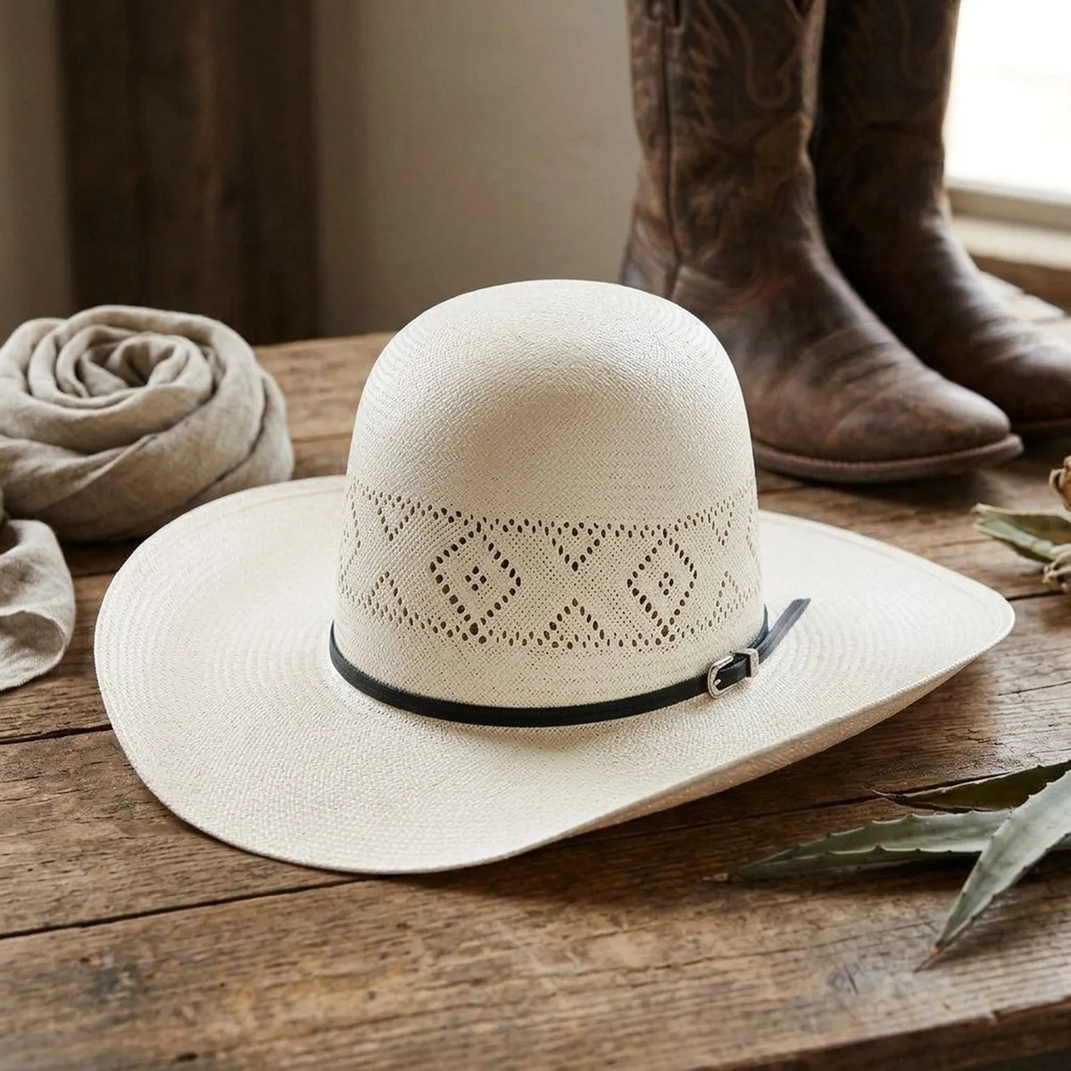 White Straw Panama Hat with Perforated Band for Resort Wear