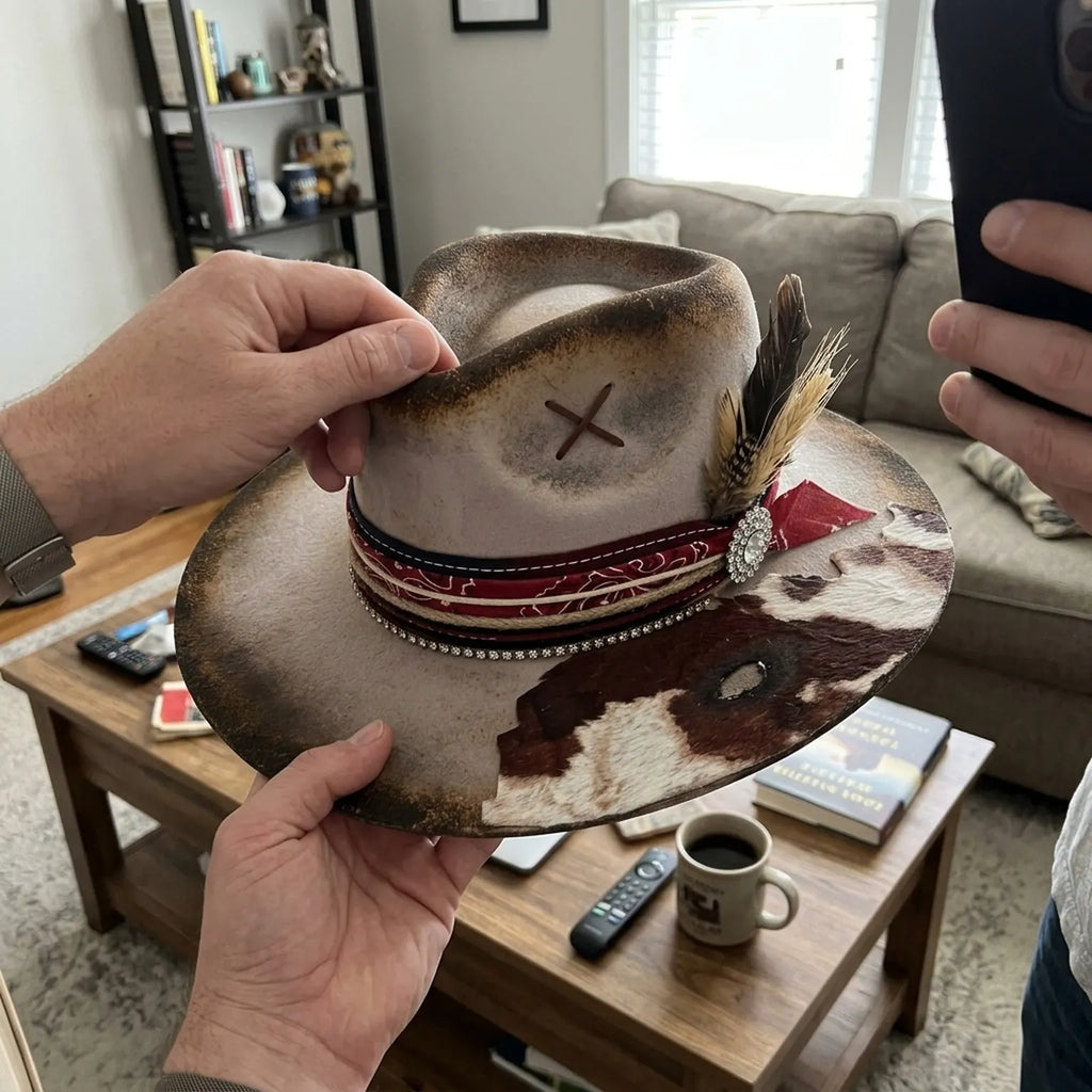 Distressed Brown Felt Western Hat Cowhide Brim Red Bandana