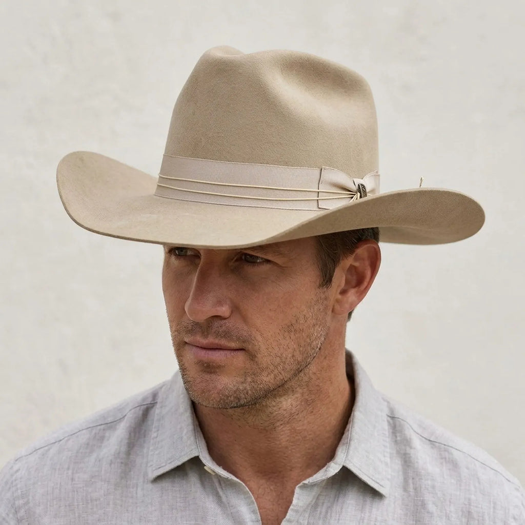 Unisex Cream Cowboy Hat with Ribbon Chin Cord