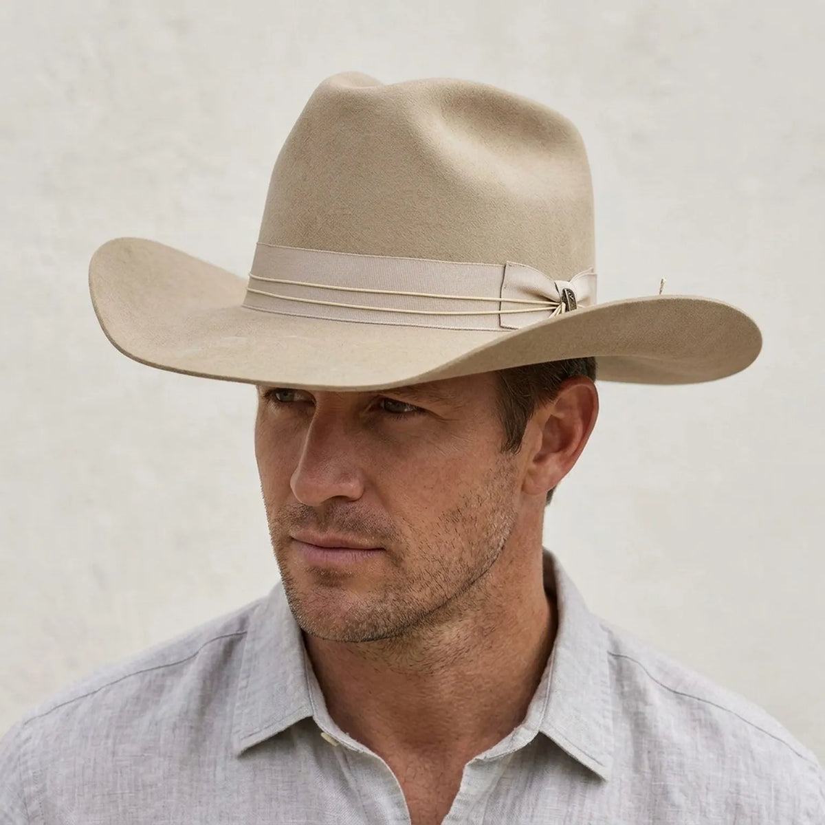 Unisex Cream Cowboy Hat with Ribbon Chin Cord