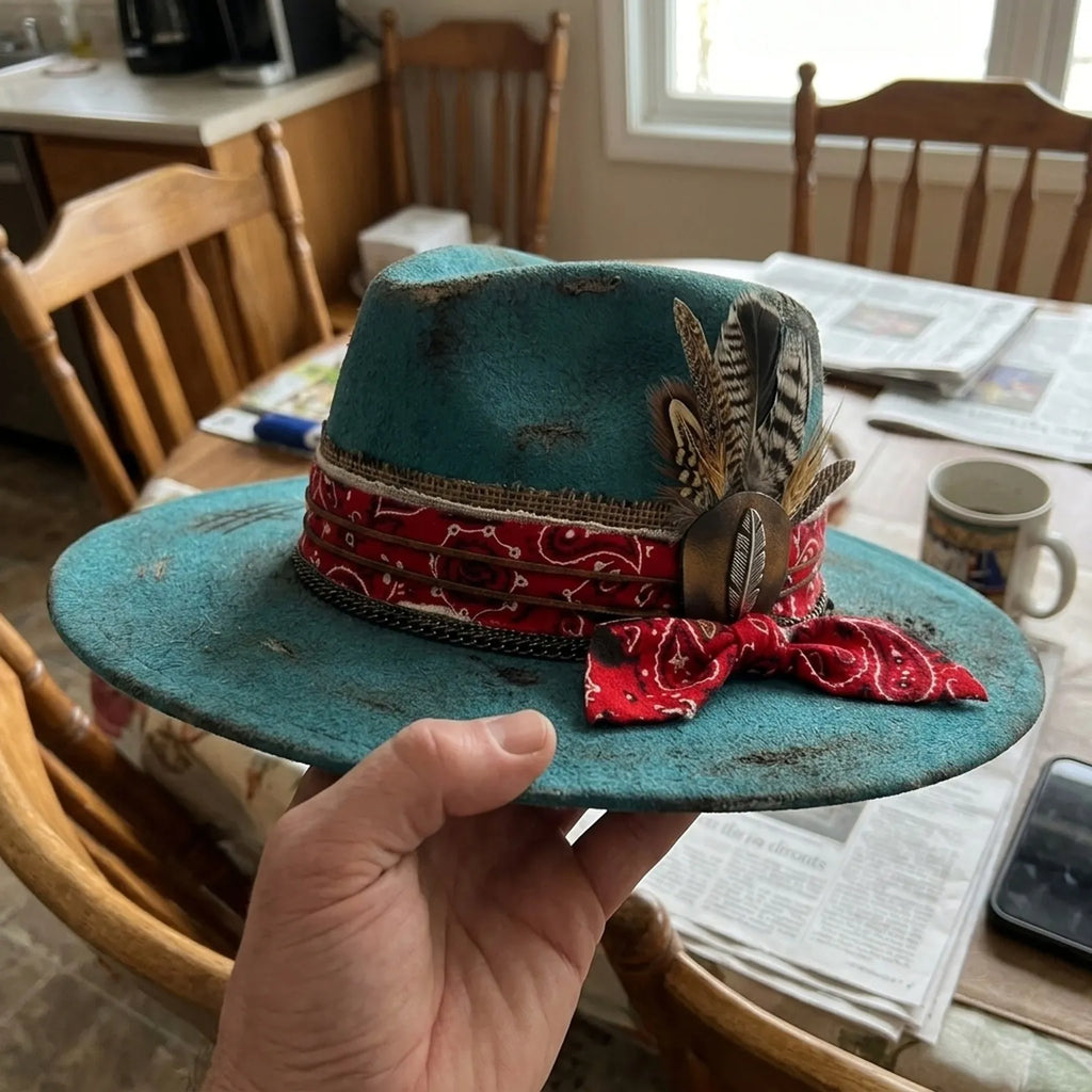 Distressed Teal Felt Western Hat Burlap Red Bandana Bow