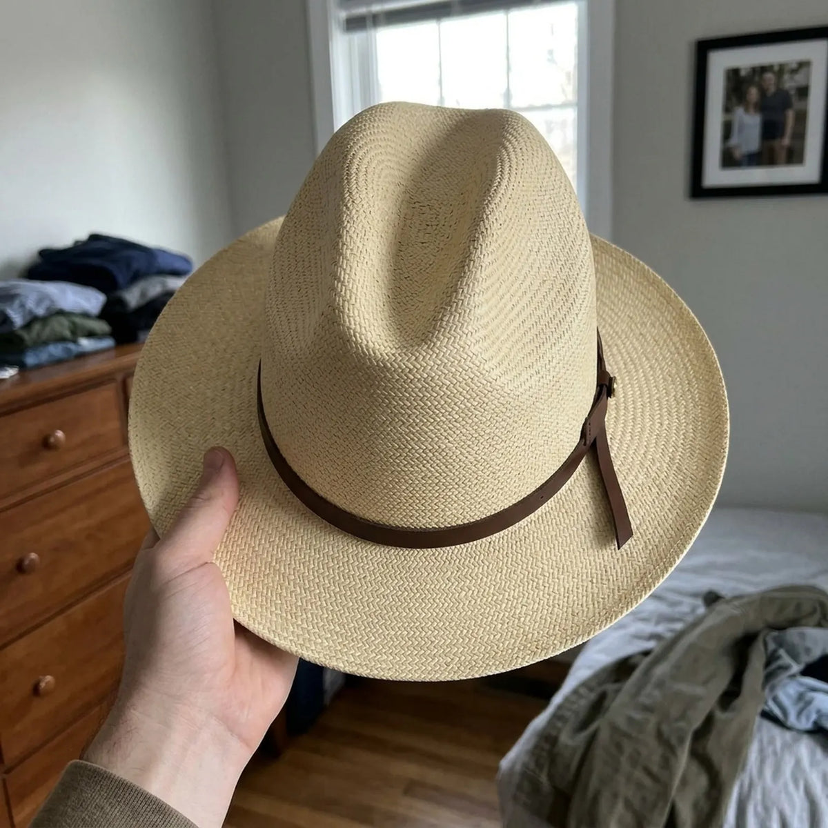 Natural Straw Fedora Hat with Brown Leather Tie Band, Sun Ready