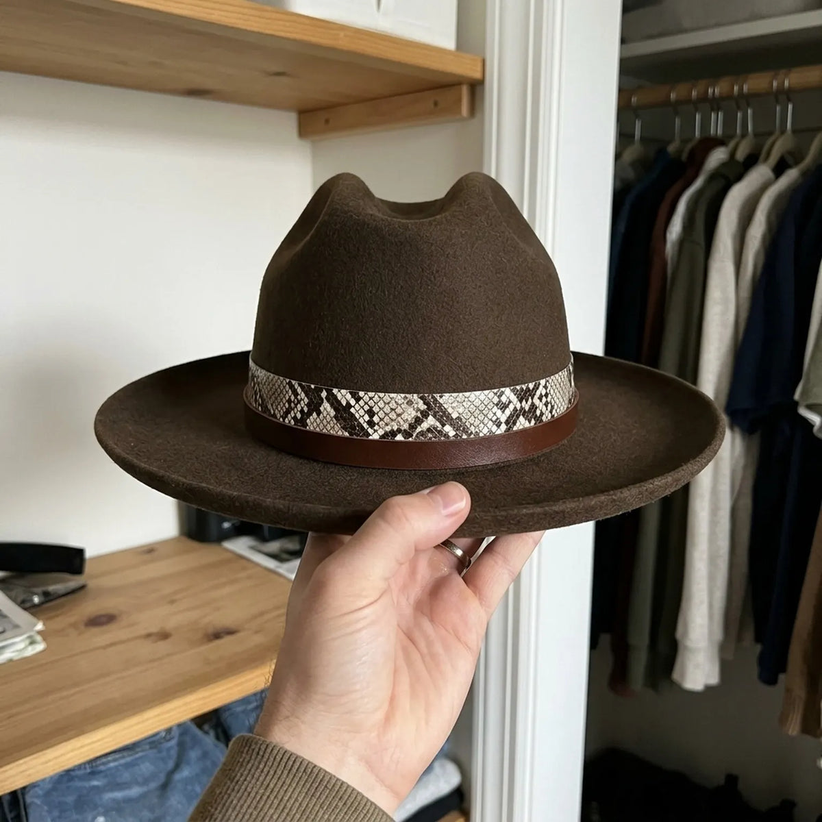 Brown Fedora With Snakeskin Pattern Leather Band