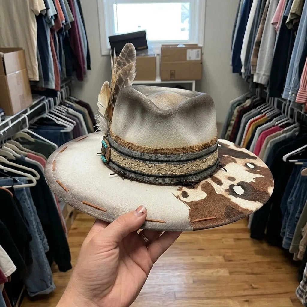 Grey Boho Fedora with Cowhide Patch and Turquoise Bead Accents