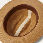 Golden Tan Herringbone Straw Fedora with Ribbon Bow Band