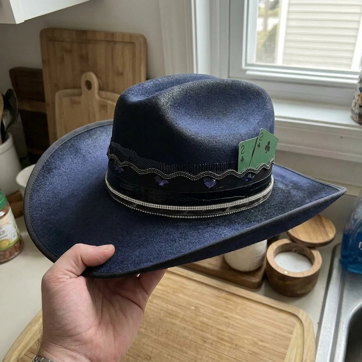 Navy Western Hat Rhinestone Band Green Playing Cards Glam Night Style