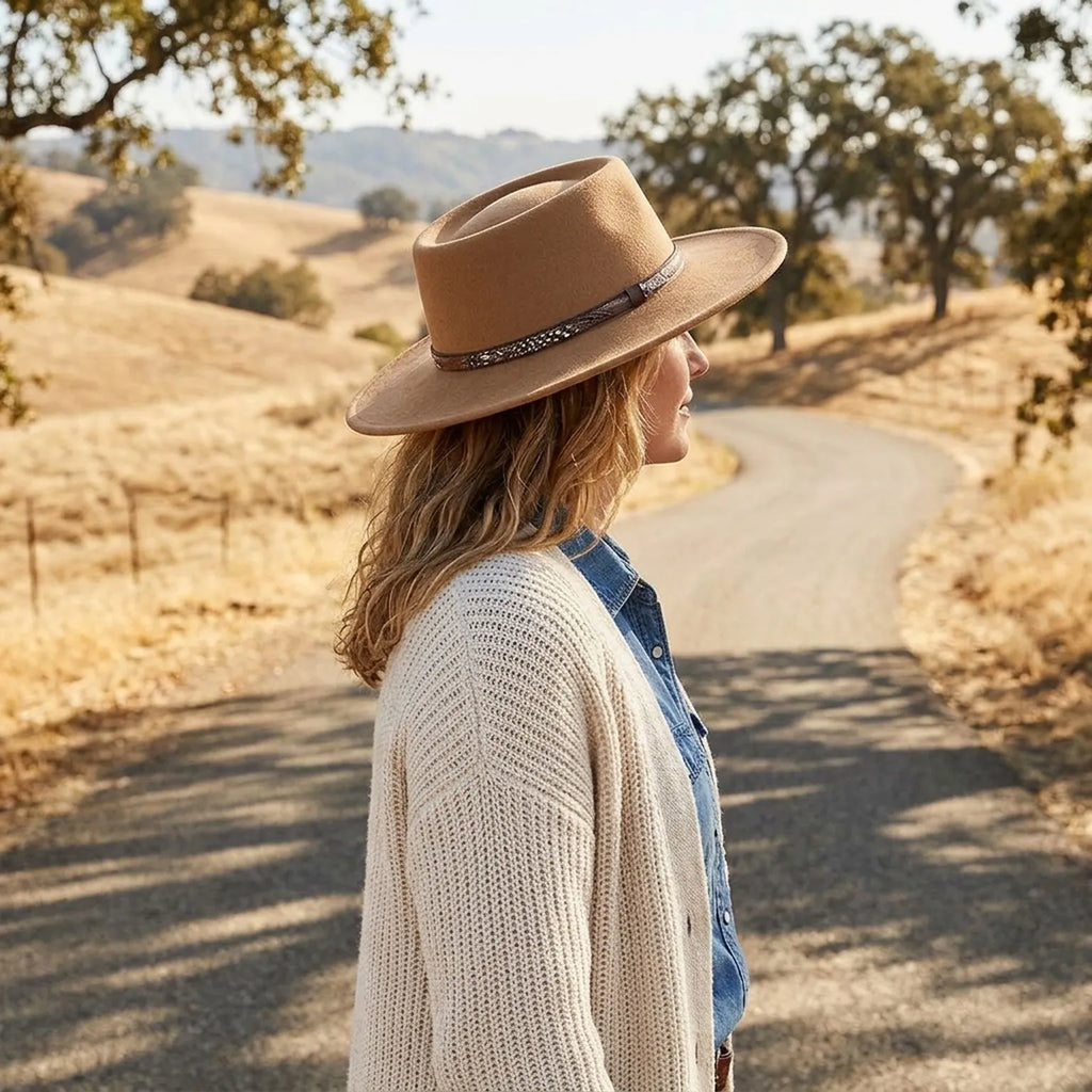 Tan Wide Brim Felt Hat with Patterned Leather Band Unisex