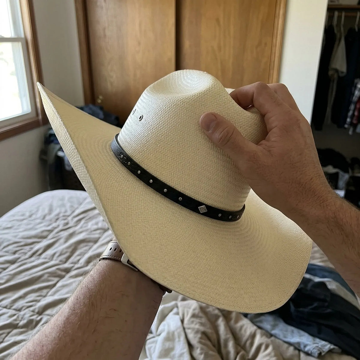 White Straw Cowboy Hat with Studded Leather Band and Concho