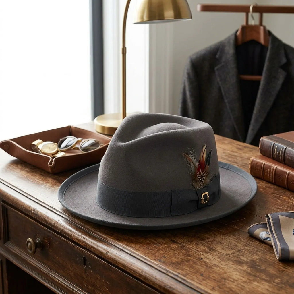 Gray Wool Felt Fedora with Feather Accent and Contrast Trim
