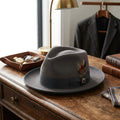 Gray Wool Felt Fedora with Feather Accent and Contrast Trim