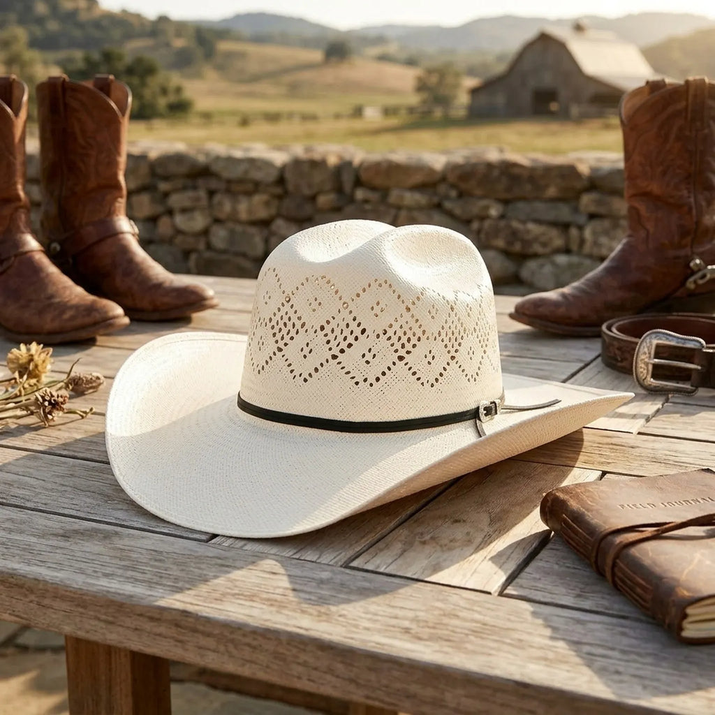 White Straw Sun Hat with Vented Diamond Crown and Grosgrain Band