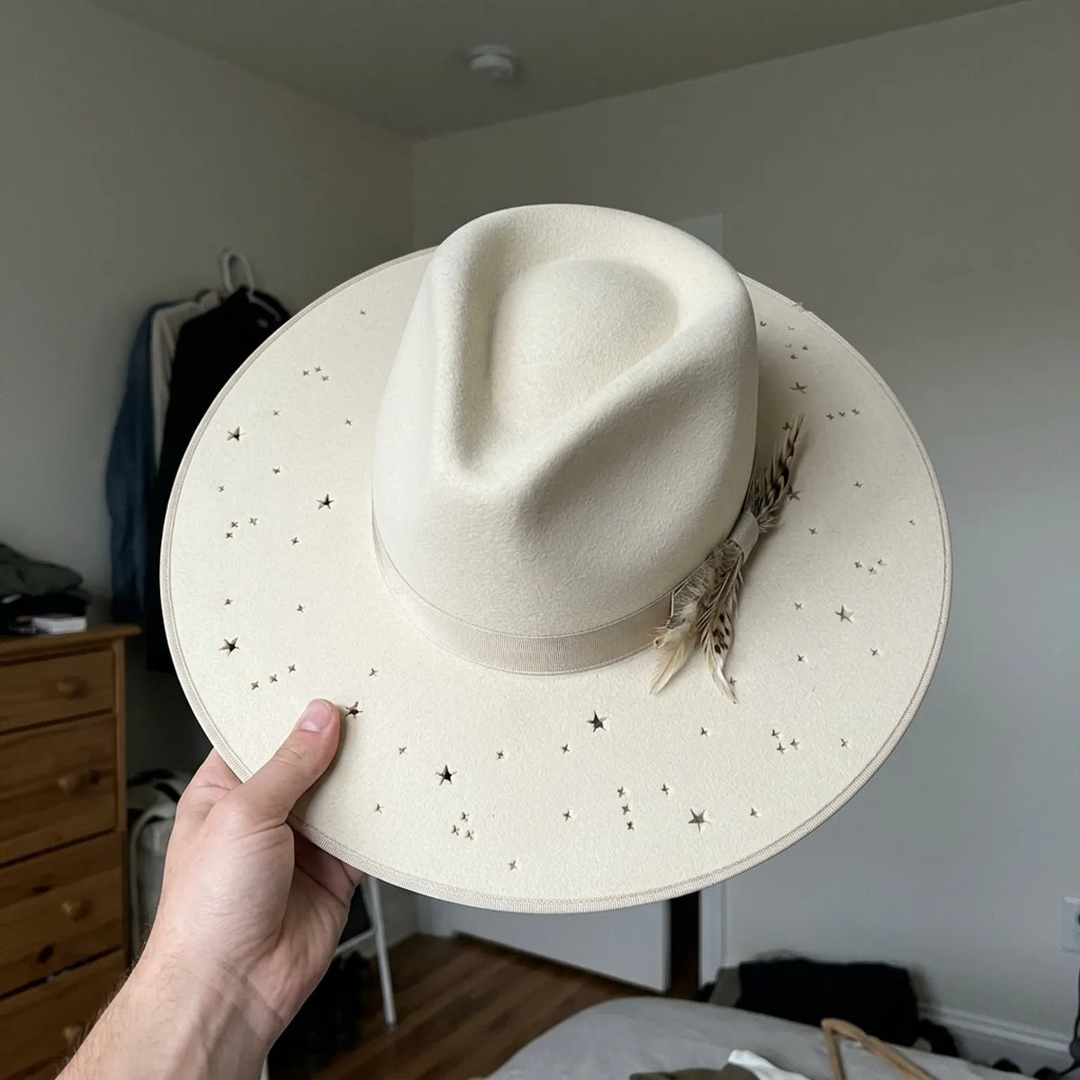 Cream Wool Felt Fedora with Star Cutout Brim and Grosgrain Band