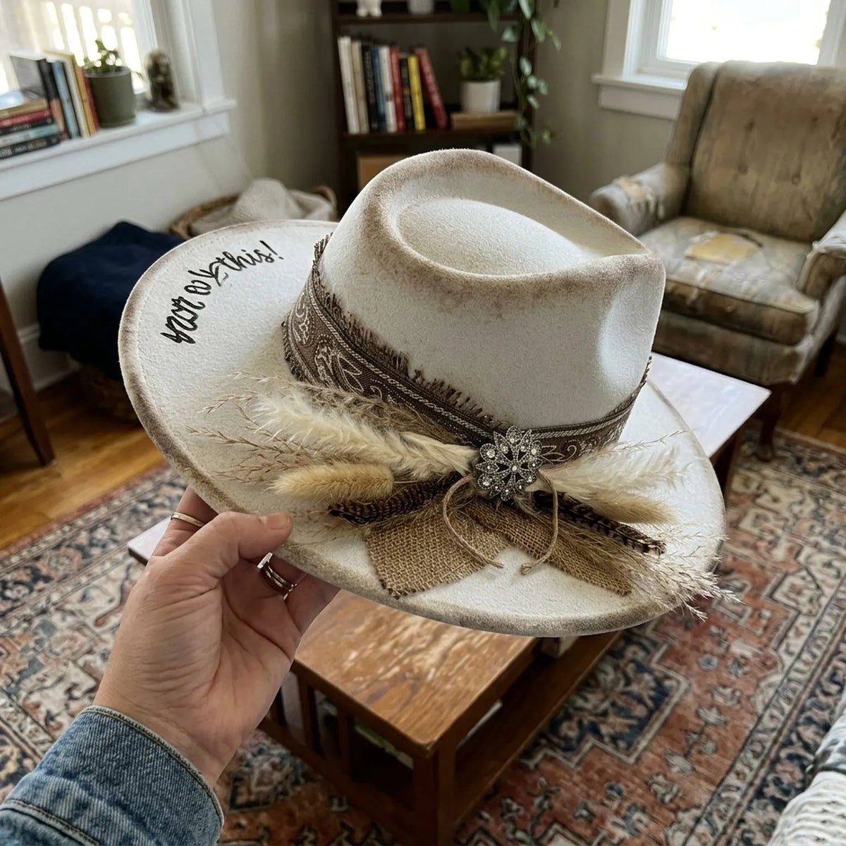Cream Distressed Felt Fedora with Paisley Band Dried Plumes