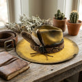 Vintage Yellow Distressed Fedora with Snake Band and Feathers