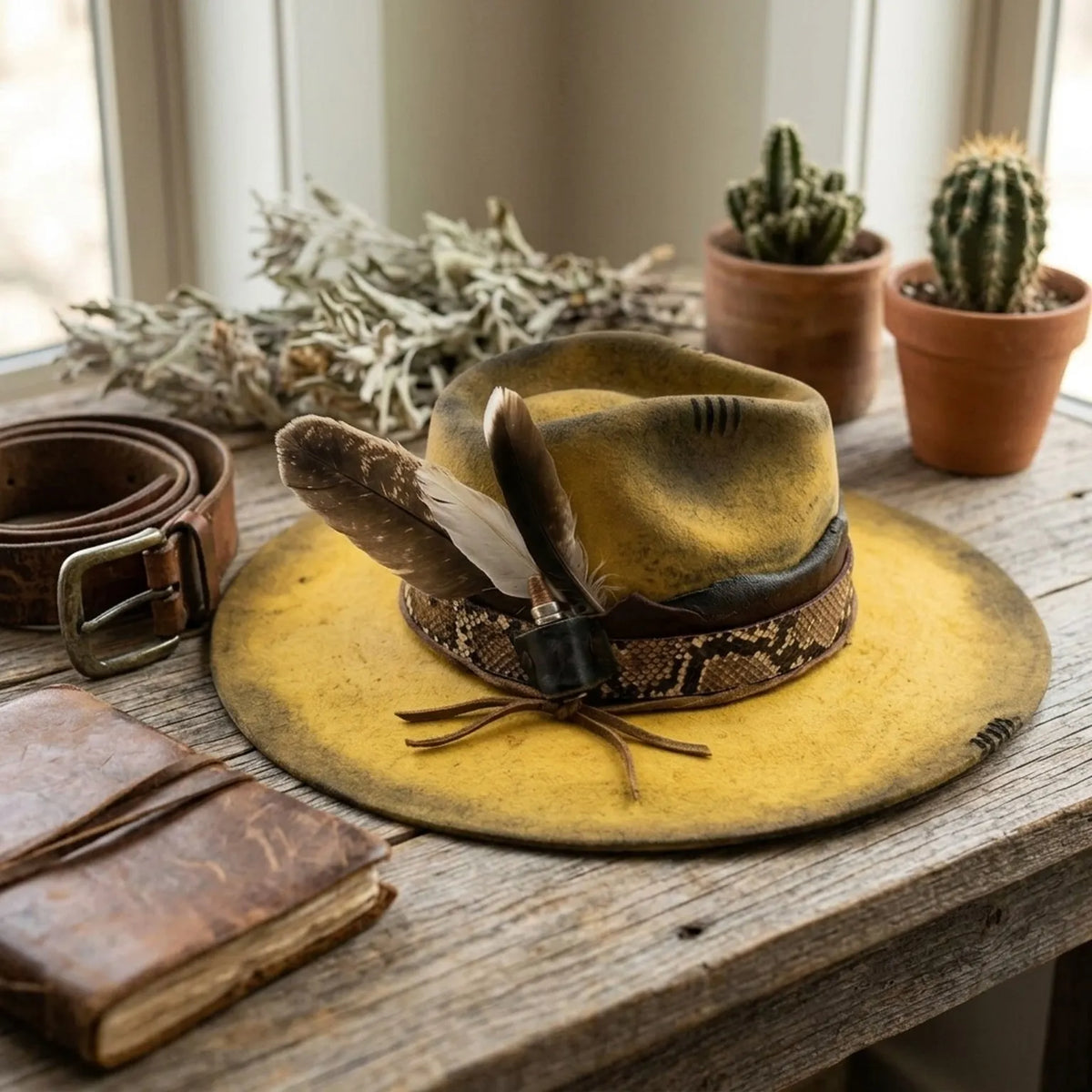 Vintage Yellow Distressed Fedora with Snake Band and Feathers