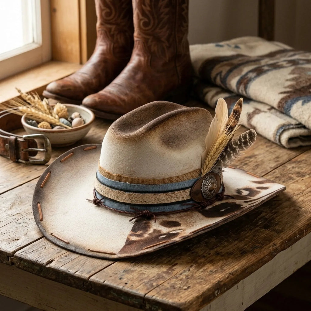 Cream Cow-Print Western Hat with Wheat Stalk and Concho