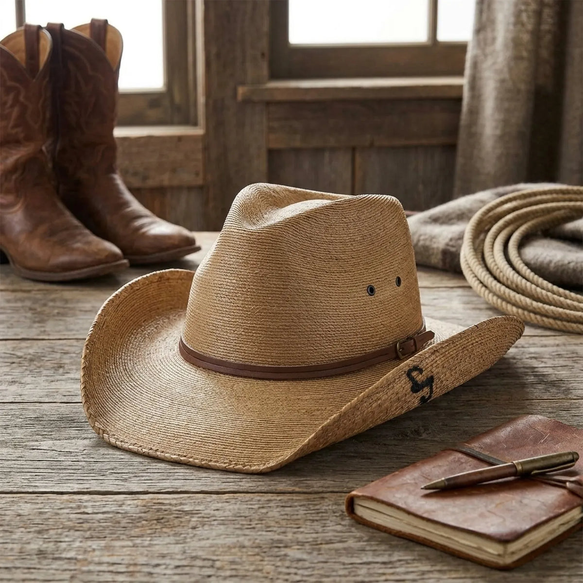 Unisex Brown Straw Cowboy Hat with Leather Band and Side Vents