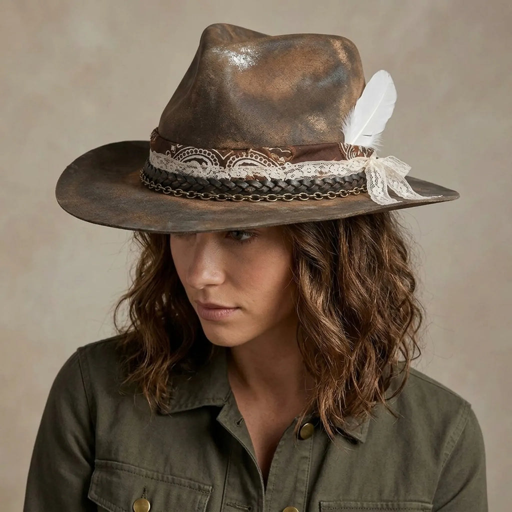 Romantic Brown Fedora with Lace, Chain and Feather Bow