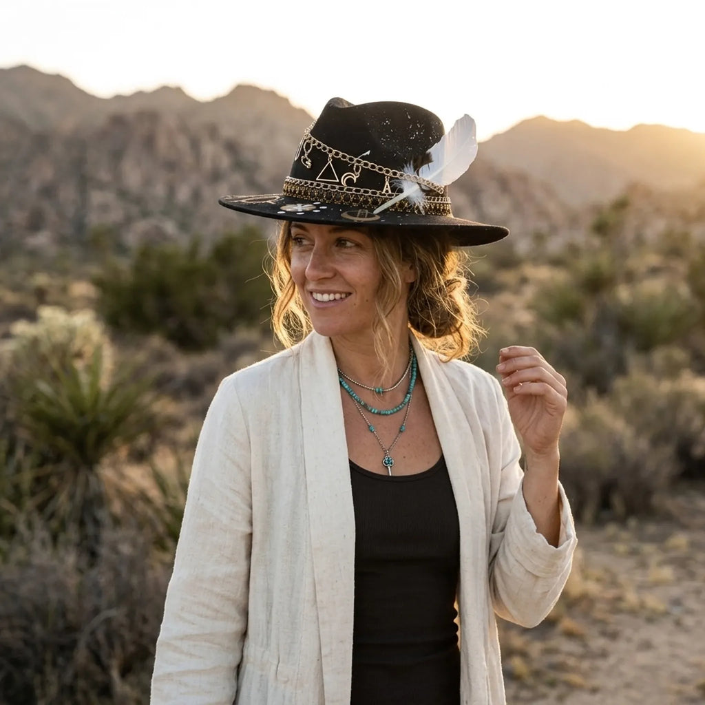 Black Celestial Fedora with Gold Mystical Symbols and Feather