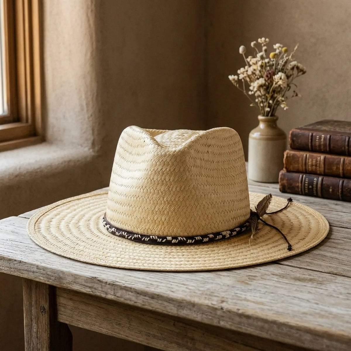 Unisex Natural Straw Fedora with Stitched Band and Feather
