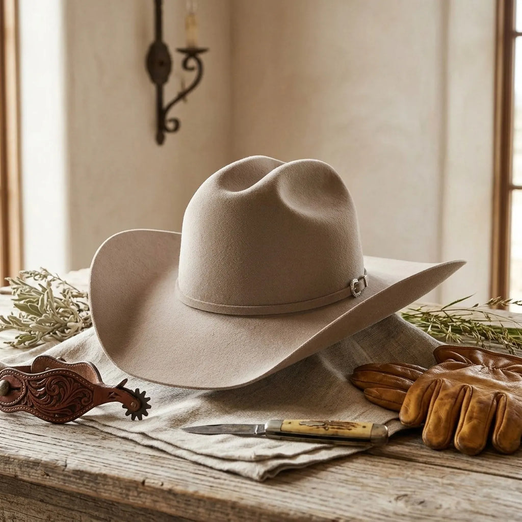 Camel Felt Cowboy Hat with Pinched Crown and Curved Brim