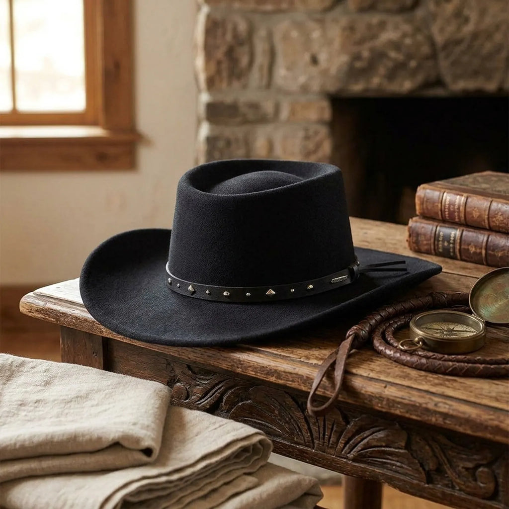Black Studded Wide-Brim Wool Felt Hat with Leather Band