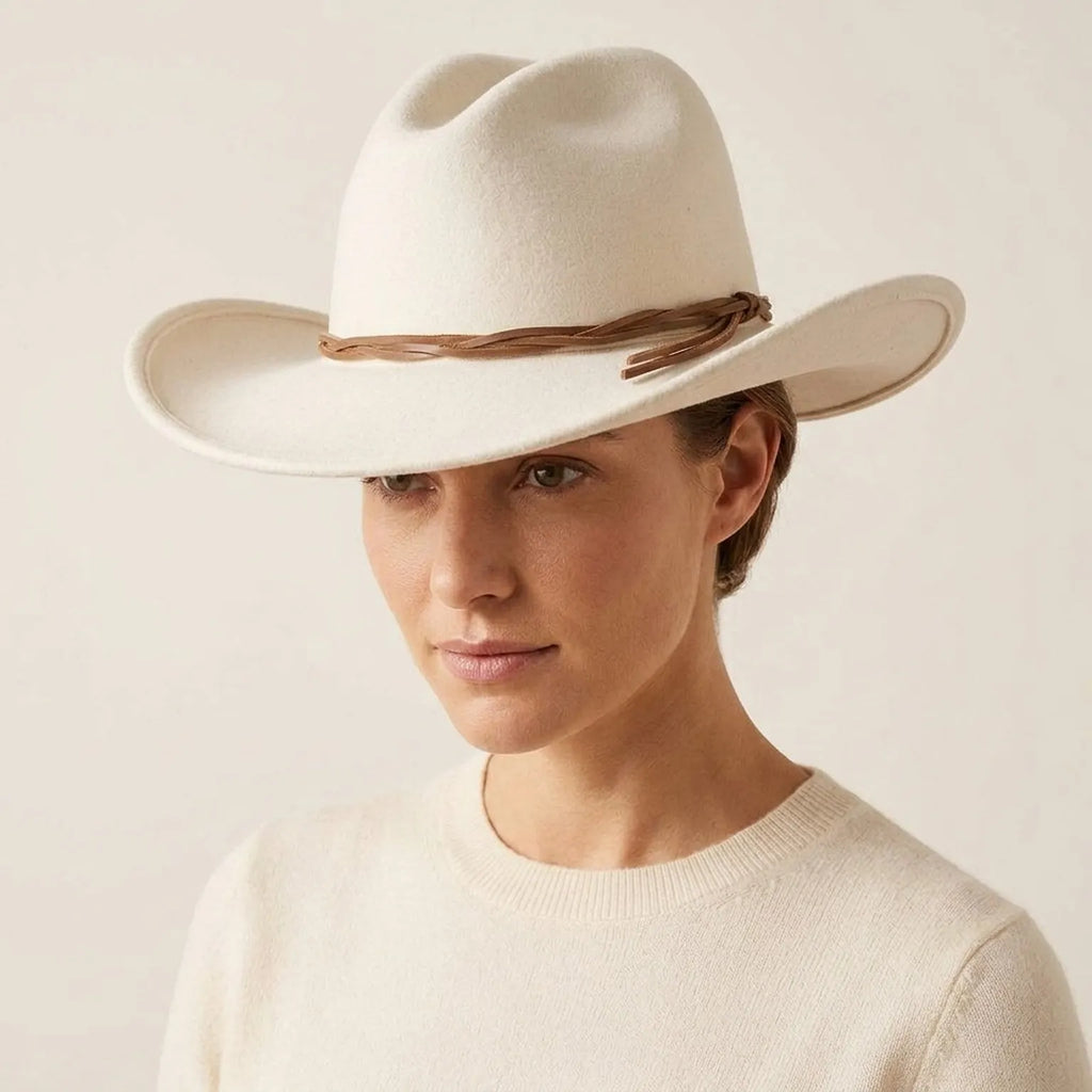 Unisex White Wool Felt Western Hat with Tassel Band