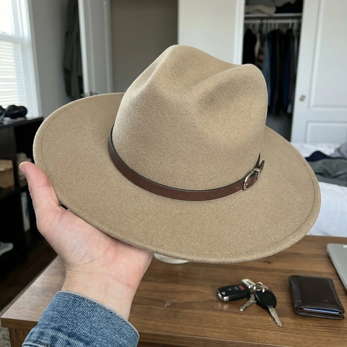 Camel Wool Felt Fedora with Brown Leather Band and Wide Flat Brim