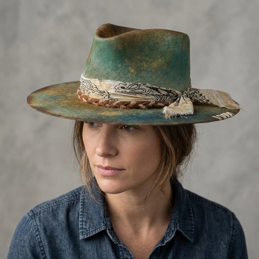 Distressed Green and Rust Felt Western Hat with Bandana Wrap