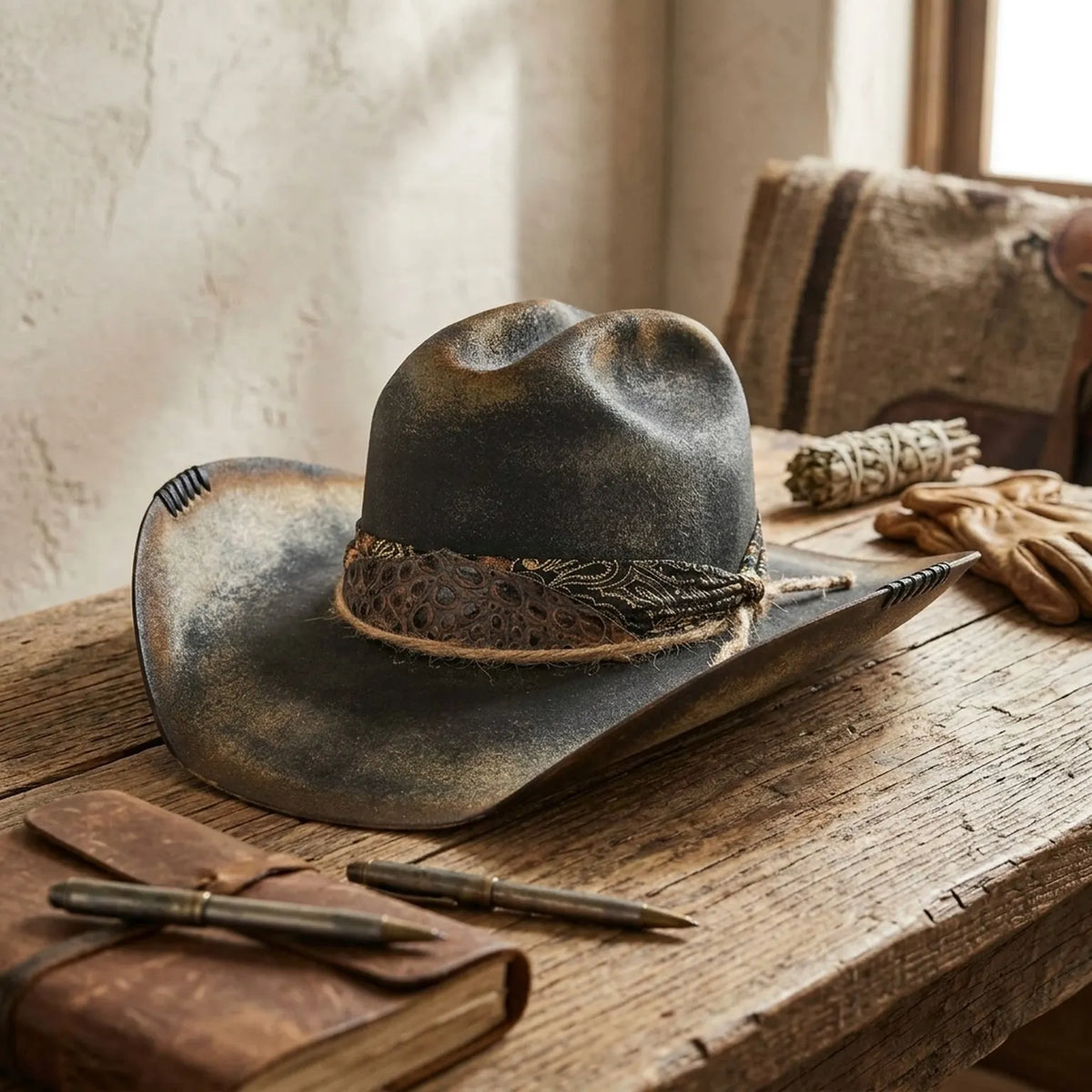 Aged Black Cowboy Hat with Patterned Band and Side Stitching